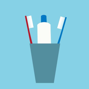 İki diş fırçası ve bir bardak diş macunu tüpleri düz tasarım Illustration. Mavi-yeşil arka planda izole diş bakımı-vektör