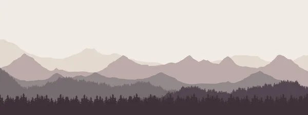 Breedbeeld realistische illustratie van berglandschap met bos en heuvels onder retro grijze lucht en mist-vector geschikt als banner — Stockvector