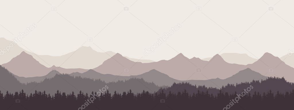 Widescreen realistic illustration of mountain landscape with forest and hills under retro gray sky and fog - vector suitable as banner