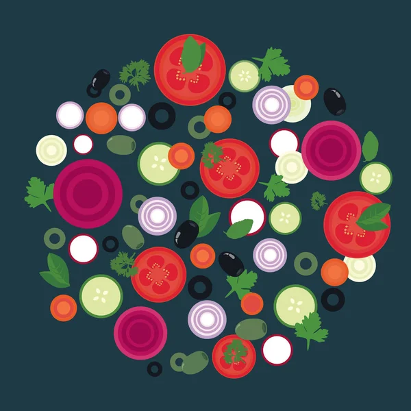 Flache Designillustration von Gemüsescheiben im kreisförmigen Layout, geeignet für Menüs zum Kochen oder Essen - Vektor — Stockvektor