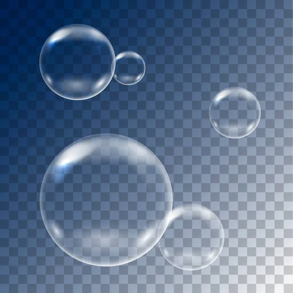 Realistická ilustrace sady létajících mýdlových bublin na průhledném modrém pozadí-vektor — Stockový vektor