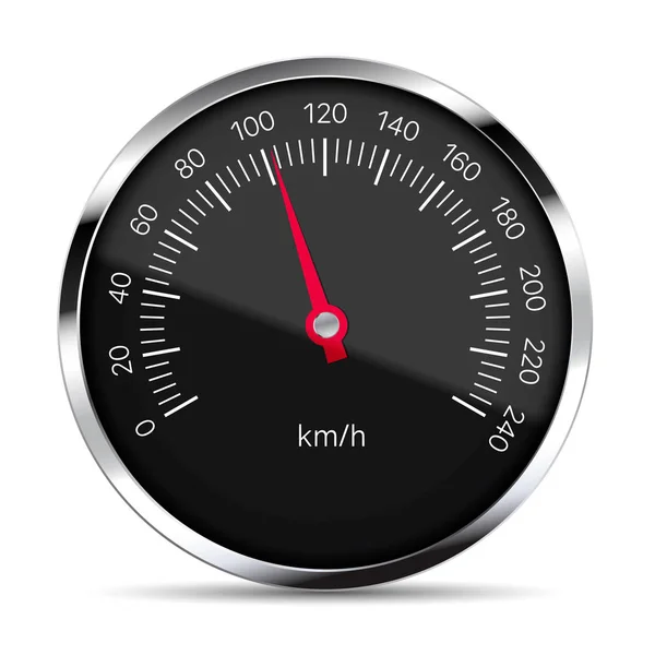 Realistic illustration of black speedometer with metal trim with glare and red pointer.Isolated on white background - vector — Stock Vector