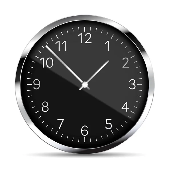 Illustration réaliste de l'horloge murale en métal noir avec des reflets, des chiffres et des aiguilles argentées. Isolé sur fond blanc - vecteur — Image vectorielle