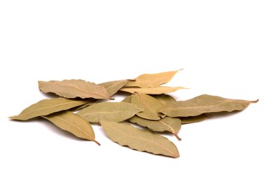 Defne yaprağı yığınının yakından görünümü. Dökülen baharatlar beyaz arka plan üzerine izole.