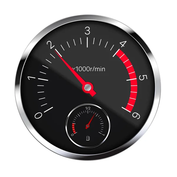 Realistic illustration of a black metal tachometer with reflections, red hand and white and numbers. Fuel gauge in the tank. Isolated on white - vector — Stock Vector