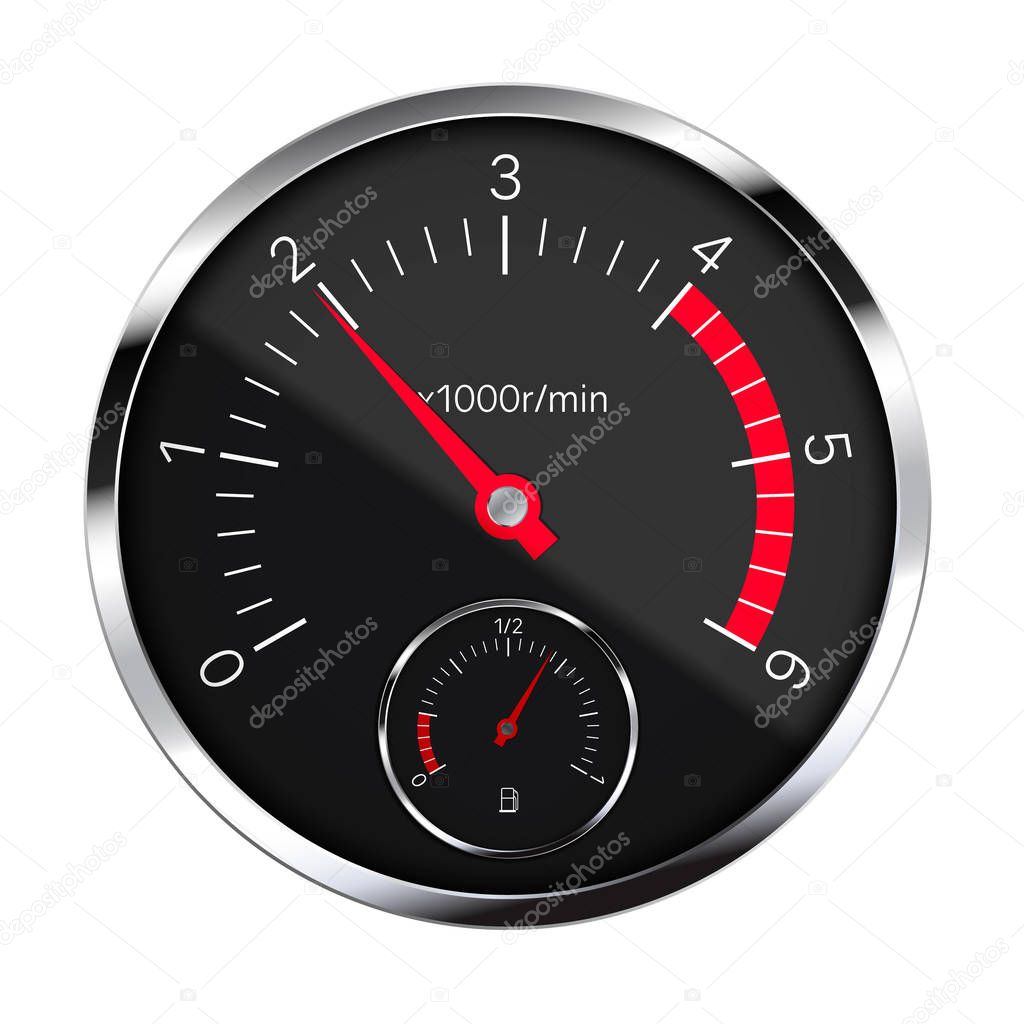 Realistic illustration of a black metal tachometer with reflections, red hand and white and numbers. Fuel gauge in the tank. Isolated on white - vector