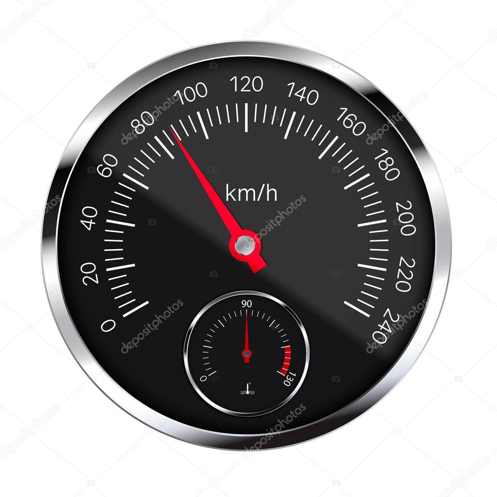 Realistic illustration of black metal speedometer with reflections, red hand and white and numbers. Coolant Temperature Meter. Isolated on white - vector 