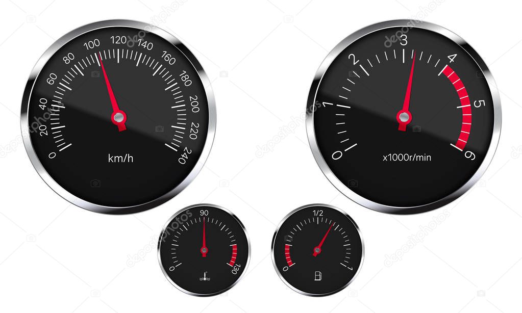 Realistic illustration of a set of black instruments dashboard car with round metal frames with reflections. Isolated on white background - vector