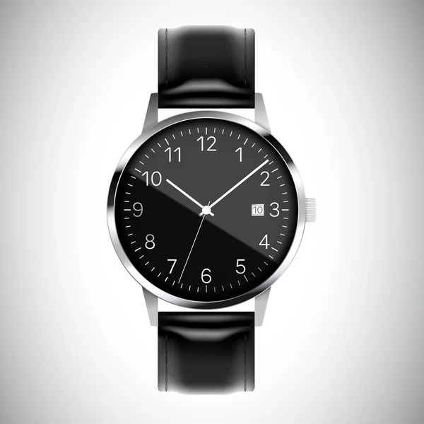 Realistická ilustrace černých kovových zápěstových hodinek s reflexní ilustrací černých kovových zápěstových hodinek s odrazkami, bílými rukama, čísly a datem. Izolovaný na bílém vektoru — Stockový vektor