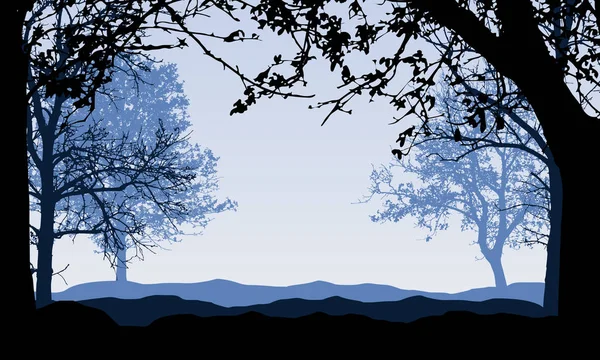 Realistische Darstellung der Silhouetten einer blauen Landschaft mit Wald und Laubbäumen. Zweige mit Herbstblättern und blauem Himmel, mit Platz für Text - Vektor — Stockvektor