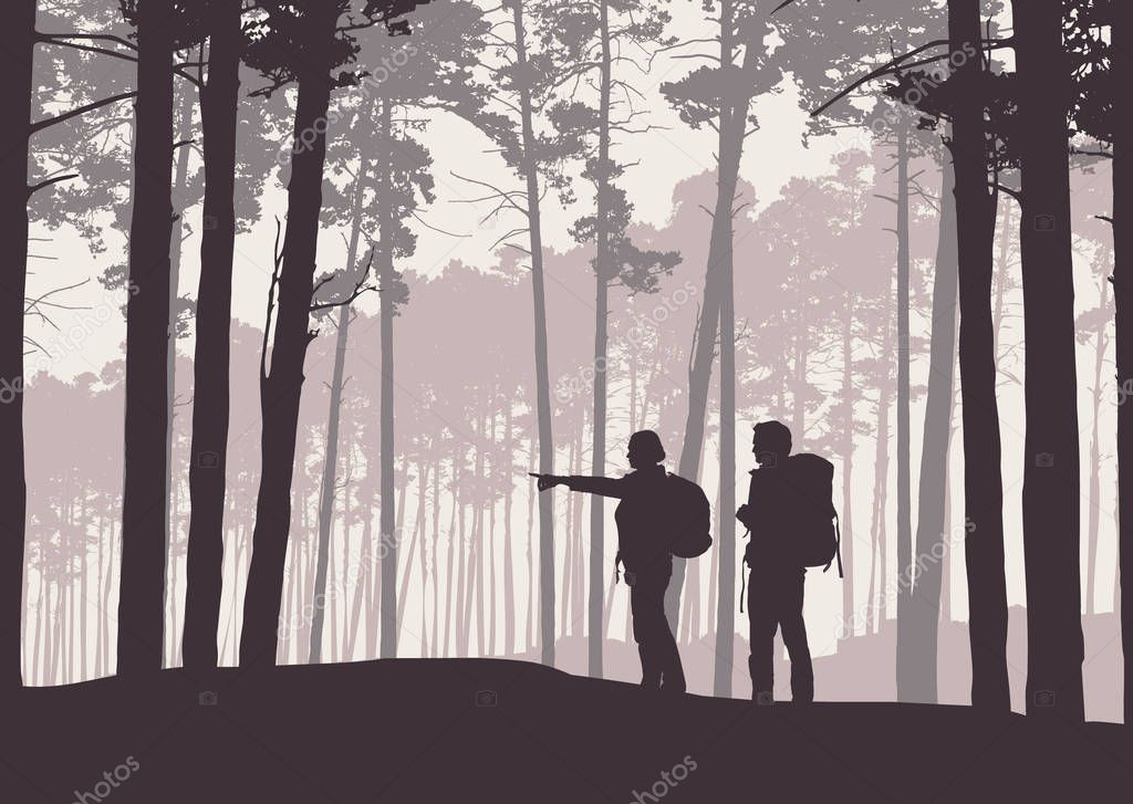 Realistic illustration of retro landscape silhouettes with forest and coniferous trees. Two hikers, man and woman with backpacks. Shows Hand Path - Vector