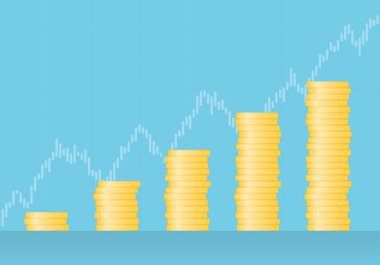 Arka planda büyüyen eğilim ve mum grafiği ile altın sikke yapılmış grafik Düz tasarım illüstrasyon - vektör