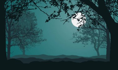 Orman, ağaçlar ve tepeler, dolunay ve metin için alan ile gece yeşil gökyüzü altında peyzaj İllüstrasyon - vektör