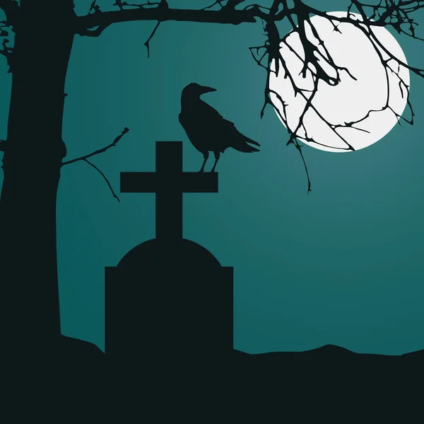 在墓地与坐乌鸦和干死树的墓碑的真实例证。满月在夜绿幽灵天空 - 矢量 — 图库矢量图片