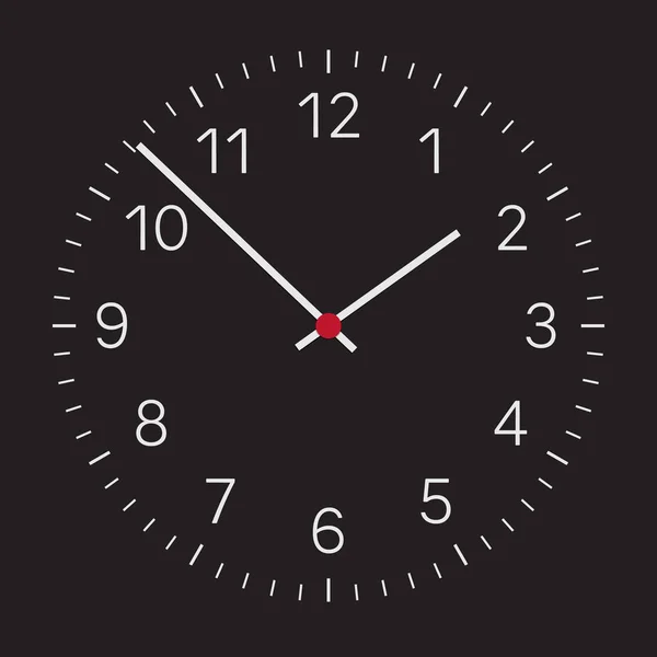 Illustration réaliste d'un visage d'horloge sombre avec des chiffres argentés et une horloge et un centre rouge. Isolé sur fond blanc - vecteur — Image vectorielle