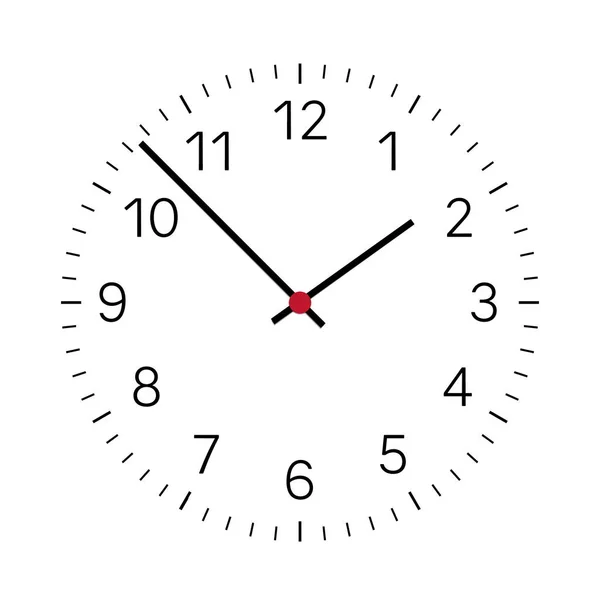 Ilustración realista de una esfera de reloj con números negros y un reloj y un centro rojo. Aislado sobre fondo blanco - vector — Vector de stock