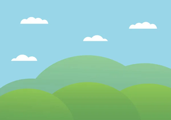 Disegno piatto cartone animato illustrazione del paesaggio montano con colline sotto il cielo blu con nuvole - vettore — Vettoriale Stock
