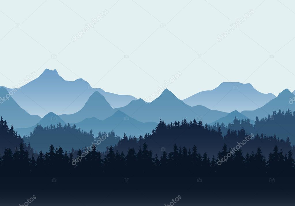 Realistic illustration of mountain landscape with hills and coniferous forest under blue sky. Suitable as a holiday or travel advertisement - vector