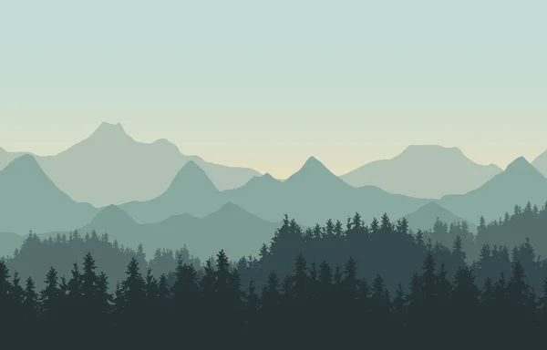 Ilustración realista del paisaje montañoso con colinas y bosques de coníferas bajo el cielo verde. Adecuado como un anuncio de vacaciones o viajes - vector — Vector de stock