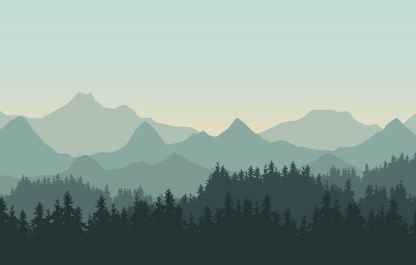 Realistic illustration of mountain landscape with hills and coniferous forest under green sky. Suitable as a holiday or travel advertisement - vector