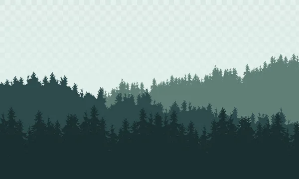 Ilustración realista del paisaje montañoso con colinas y bosques de coníferas bajo un cielo verde transparente. Adecuado como un anuncio de vacaciones o viajes - vector — Archivo Imágenes Vectoriales