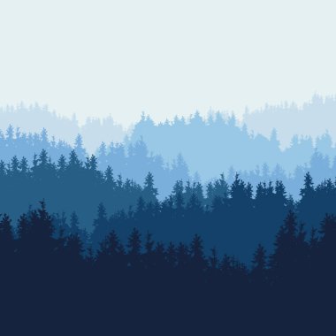 Mavi gökyüzü altında çam ağaçları ve tepelerden iğne yapraklı orman ile dağ peyzaj gerçekçi Illustration. Doğa ve seyahat için bir reklam olarak uygun-vektör