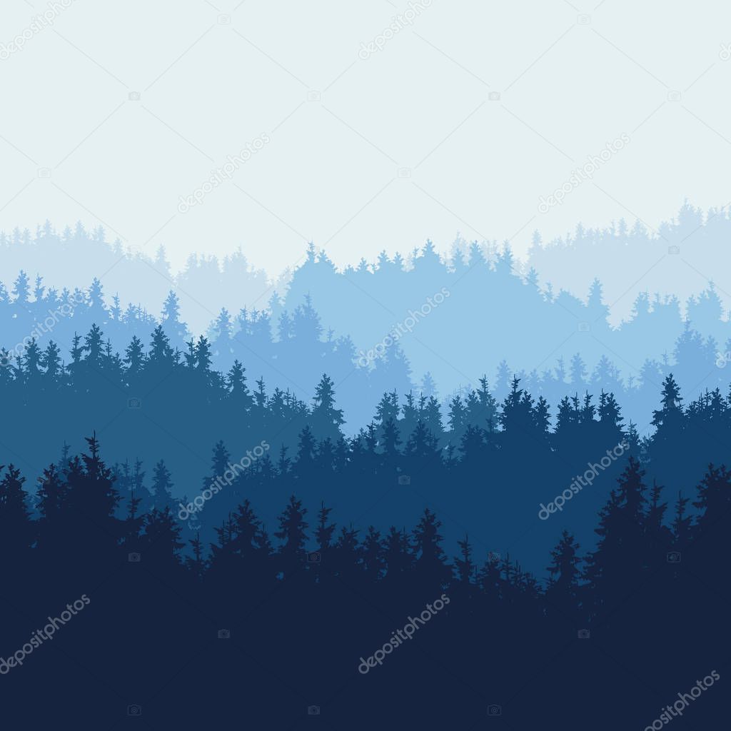 Realistic illustration of mountain landscape with coniferous forest from pine trees and hills under blue sky. Suitable as an advertisement for nature and travel - vector