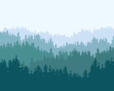 Berrak mavi ve yeşil gökyüzü altında iğne yapraklı orman ve tepeler ile dağ peyzaj gerçekçi Illustration-vektör
