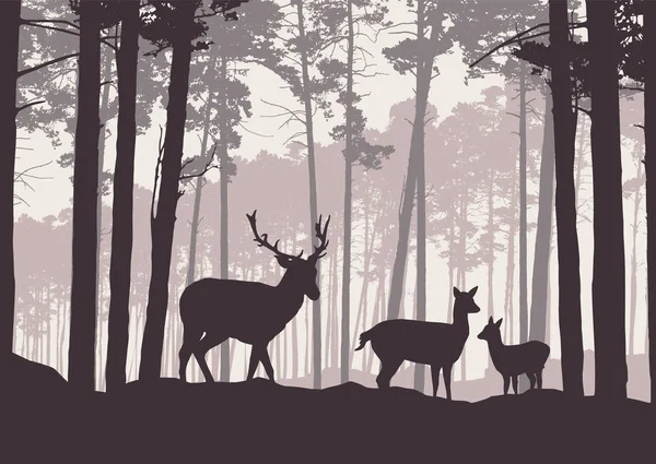 Ilustración realista del paisaje montañoso con bosque de coníferas bajo el cielo con neblina. Ciervos, ciervos y pequeños ciervos de pie y mirando hacia el valle - vector retro — Vector de stock
