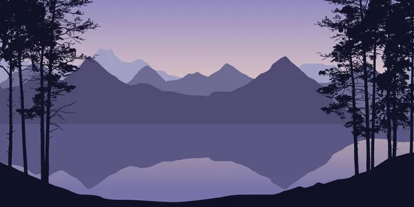 Реалистичная иллюстрация горного и холмистого ландшафта с лесом и деревьями, рекой или озером под фиолетовым небом с восходом и восходом солнца - вектор — стоковый вектор