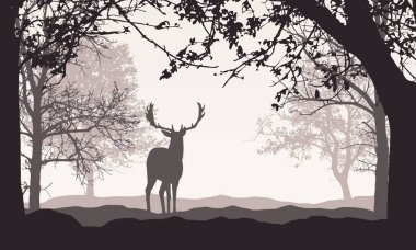 Metin için alan ile retro renkli gökyüzü altında, orman, ağaçlar ve tepeler ile peyzaj Gerçekçi illüstrasyon. Ayakta geyik - vektör