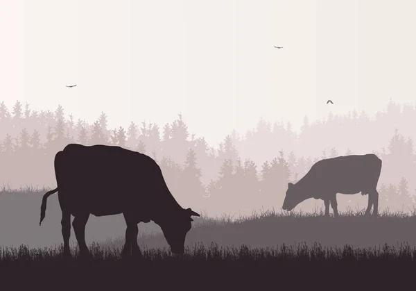 Realistická ilustrace krajiny horských farem s lesními, pastvinami a pastmi krav pod retro barevným nebem s létající ptačí vektorem — Stockový vektor