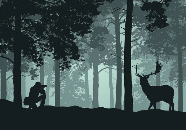 Illustrazione realistica del paesaggio con foresta di conifere, cervi con corna sotto il cielo verde. Fotografo Fotografie Animali in natura - Vettore — Vettoriale Stock