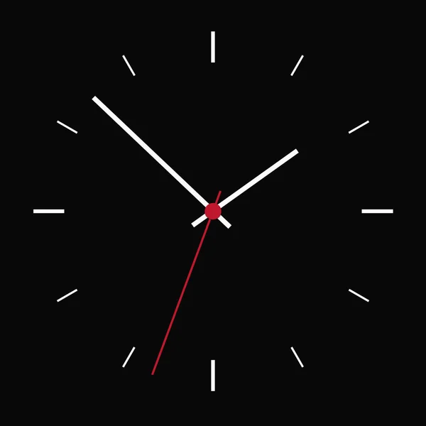 Einfache Darstellung des schwarzen Zifferblattes ohne Ziffern mit Stunden- und Minutenzeiger, isoliert auf dunklem Hintergrund - Vektor — Stockvektor