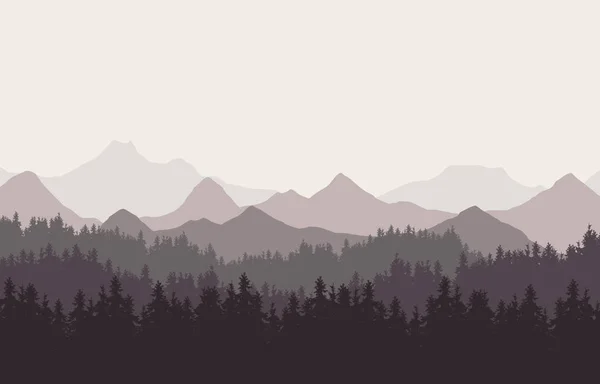 Ilustración realista del paisaje montañoso con colinas y bosques de coníferas bajo cielo de color retro. Adecuado como un anuncio de vacaciones o viajes - vector — Archivo Imágenes Vectoriales