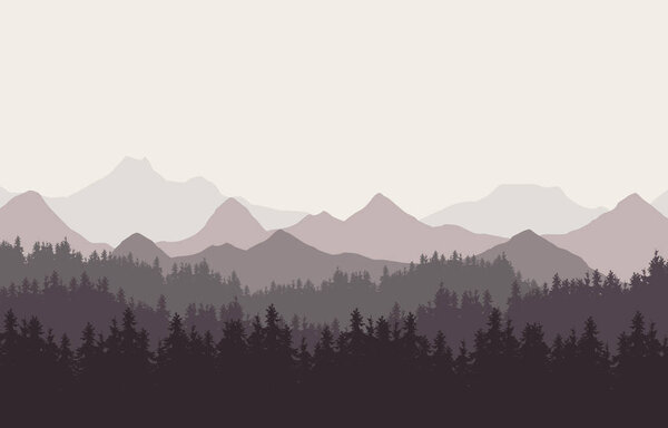Realistic illustration of mountain landscape with hills and coniferous forest under retro color sky. Suitable as a holiday or travel advertisement - vector