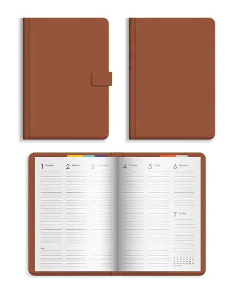 Ensemble de carnet en cuir ouvert et fermé avec pages de calendrier. Couverture rigide couleur marron isolé sur fond blanc - vecteur — Image vectorielle