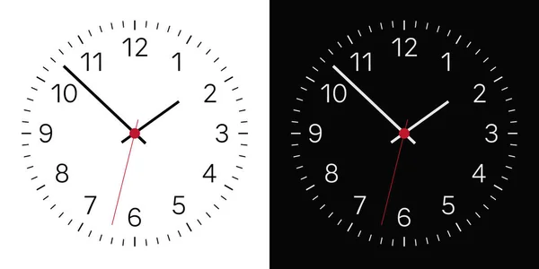 Set of Realistic illustration of a black and white clock face with numbers and a clock and a red center. Isolated on background - vector — Stock Vector