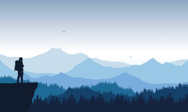 uçan kuşlar ile mavi gökyüzü altında iğne yapraklı orman ile dağ peyzaj gerçekçi Illustration. Üstünde duran ve vadiye bakan yalnız bir yürüyüşçu. -vektör