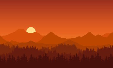 Turuncu yükselen ya da metin için güneş ve boşluk ayarı ile kırmızı sabah veya akşam gökyüzü altında iğne yapraklı orman ile dağ manzara gerçekçi Illustration-vector