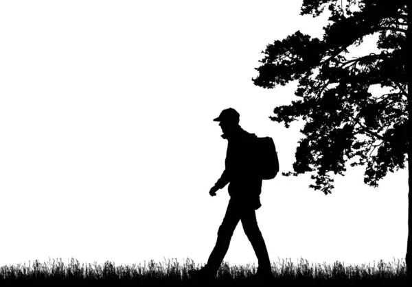 Ρεαλιστική μαύρη απεικόνιση του περπατήματος τουρίστρια με σακίδιο, γρασίδι και ψηλό δέντρο. Απομονωμένη σε λευκό φόντο, με χώρο για το κείμενο-διάνυσμα — Διανυσματικό Αρχείο