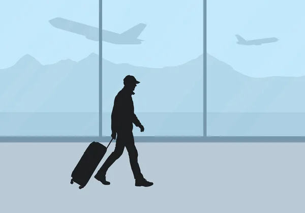 背景に窓や飛行機と空港ラウンジの現実的なイラスト。スーツケースを持つ男性観光客が行くと飛行を待つ - ベクトル — ストックベクタ