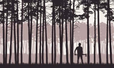 Retro gökyüzü altında çam ağaçları ile iğne yapraklı orman ile peyzaj gerçekçi Illustration. Balta veya oduncu ile adam çim-vektör standları