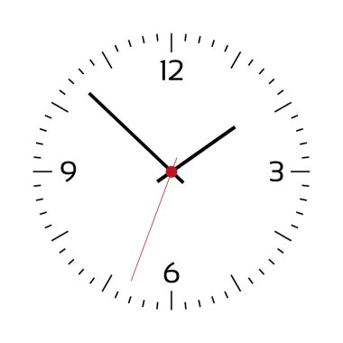 Simple illustration of clock face with minute, hour and second hand and red center with numbers. Isolated on white background - vector clipart