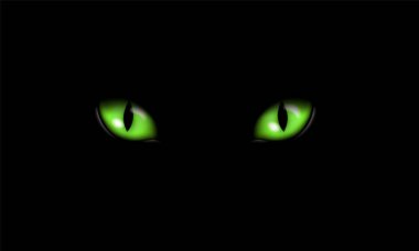 Siyah arka plan üzerinde izole yeşil kedi gözleri veya kedi gözü gerçekçi illüstrasyon - vektör
