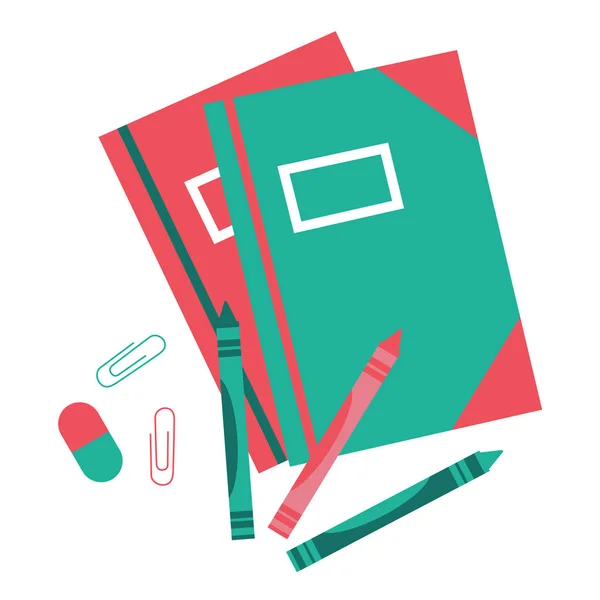 设置学校工作簿、蜡笔和回形针的插图，在白色背景 - 矢量上隔离 — 图库矢量图片