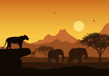 Dağ manzarası ile Afrika safari gerçekçi illüstrasyon