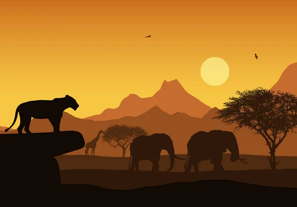 Ilustração realista de safári africano com paisagem montanhosa —  Vetores de Stock