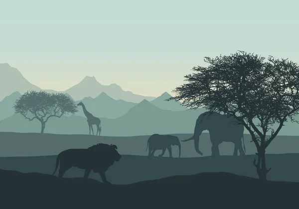 Realistische illustratie van het bergafrikaanse landschap en safari — Stockvector