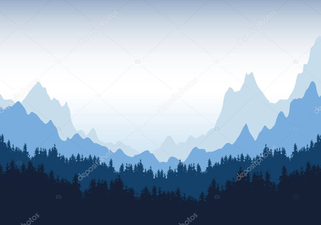 Realistic illustration of mountain landscape with silhouettes of